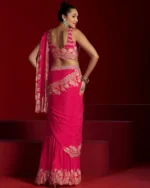 Women Pink Floral Printed Chinnon Lehenga Saree - Image 3