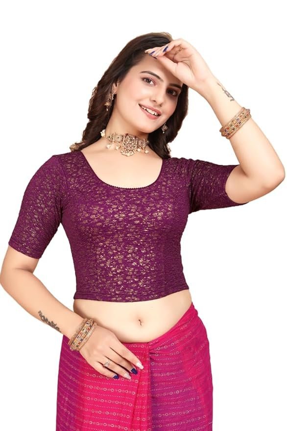 Round Neck Jacquard Elbow Sleeve Readymade Saree Blouse for Women Stylish