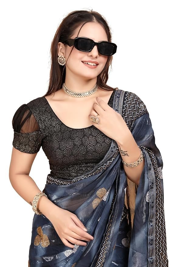 Round Neck Dobby Cotton Lycra Stretchable Elbow Half Sleeve Readymade Saree Blouse for Women Stylish