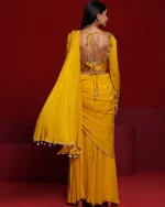 Women Mustard Beads Embellished Top with Draped Saree - Image 3